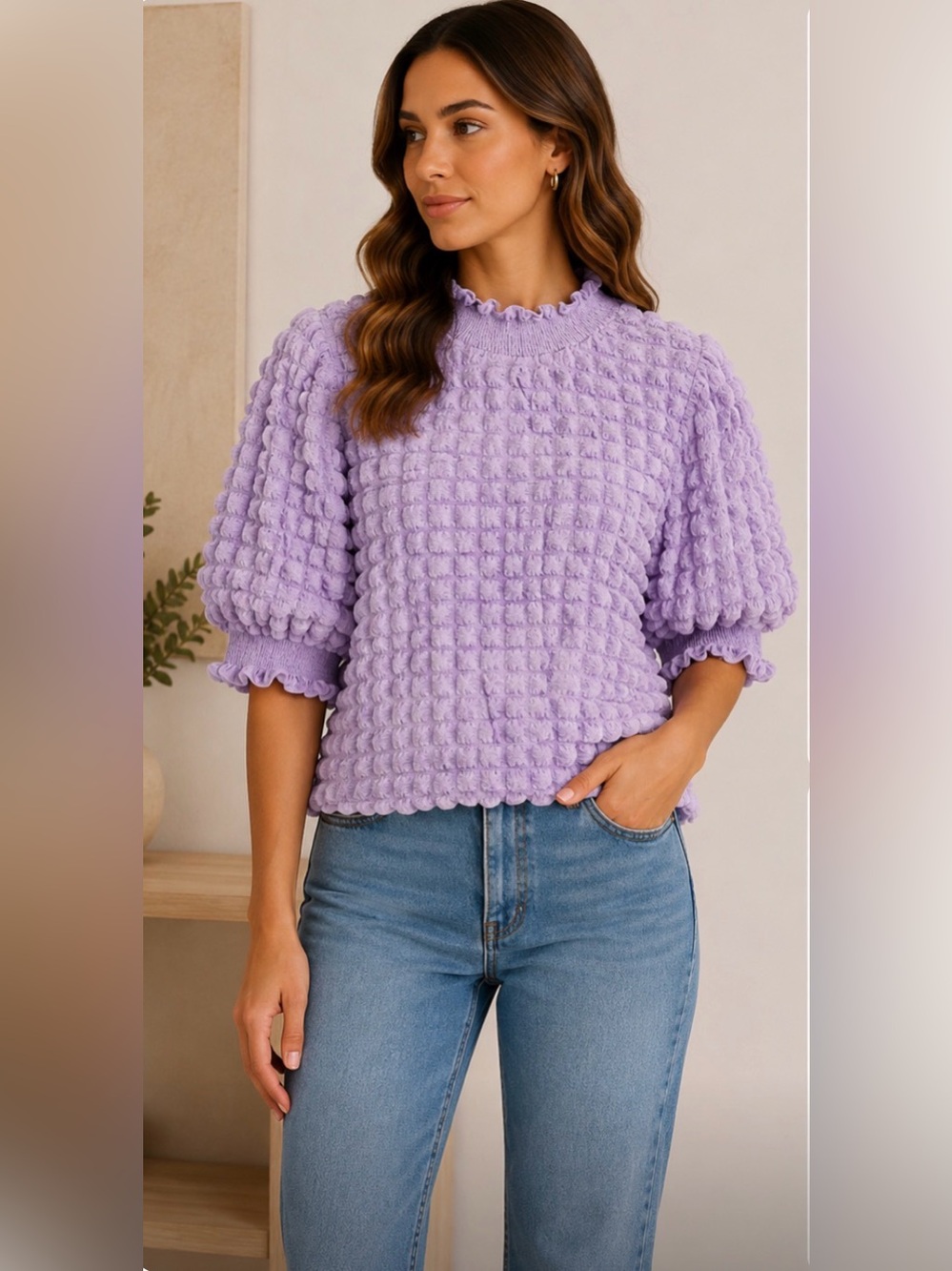 English Factory lilac bubble Texture Puff Sleeve Top - small